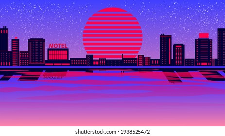 Pink sun, city and ocean 1980s style