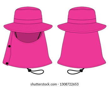 Pink Sun Protection Fishing Bucket Hat Vector With Face, Neck Flap.Front And Back Views