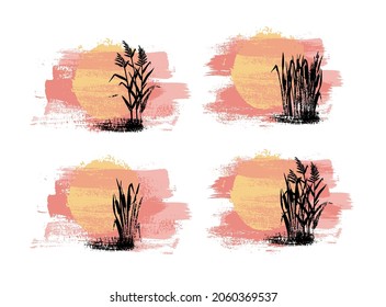 Pink sun reeds grass in beautiful style on yellow background. Vector concept. Isolated illustration set silhouette. Sunset light.