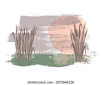 Pink sun reeds grass in beautiful style on yellow background. Vector concept. Isolated illustration set silhouette. Sunset light