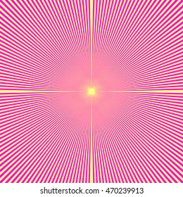 Pink sunbeam on yellow background. Striped abstract pattern. Lines wallpaper. Vector illustration 