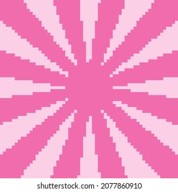 Pink Sunburst or Sunlight pixel art background. Vector illustration.