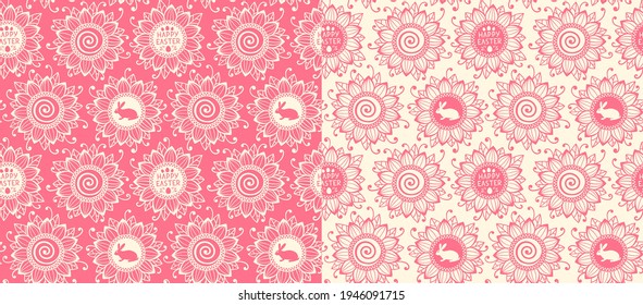 Pink Sunflowers and Bunny, Easter eggs seamless pattern. Vector illustration for wrapping paper, fabric,cloth.
