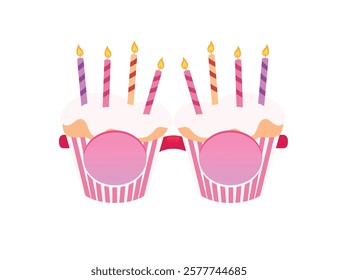 Pink sunglasses birthday stripped cupcake style with candles decorations. Vector illustration isolated on white background