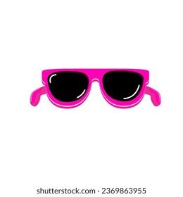 Gafas de sol rosas con lentes negras aisladas sobre fondo blanco. Caricatura graciosos niños rosa icono de gafas de sol de verano, etiqueta y signo. Ilustración gráfica del vector de gafas de sol frío