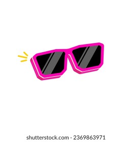 Gafas de sol rosas con lentes negras aisladas sobre fondo blanco. Caricatura graciosos niños rosa icono de gafas de sol de verano, etiqueta y signo. Ilustración gráfica del vector de gafas de sol frío