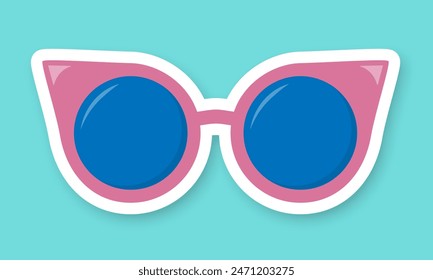 Pink sunglasses with blue lenses on a transparent background. A sticker with glasses and a shadow. Retro hippie style. Vector EPS 10.
