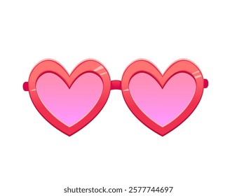 Pink sunglasses with heart-shaped lenses, glossy finish and a curved frame. Vector illustration isolated on white background