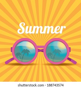 pink sunglasses with tropical island reflection. vector summer background