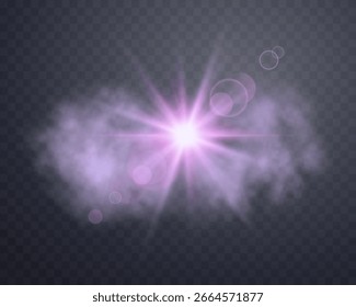 Destello rosado de la lente de la luz del sol en la nube, flash del sol con los rayos y el reflector. Explosión de explosión brillante rosa sobre un fondo transparente. Ilustración vectorial.