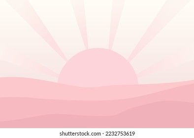 Pink sunrise with rays vector illustration.