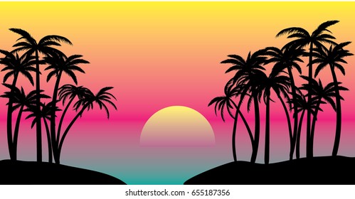 Pink sunset  at the beach with palm trees
vector nature illustration