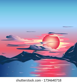 Bergsee im Hintergrund der burgundischen Morgenröte und üppige Wolken. Vektorgrafik