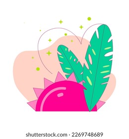 Pink sunset with feathers and green leaves. Summer logo or icon design isolated on white background. Vector illustration.