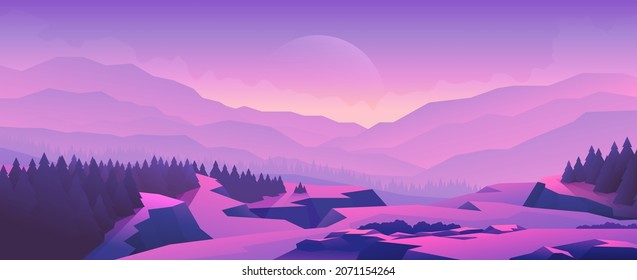 Pink sunset on the top of the mountains. View of mountain range from rocky terrain.