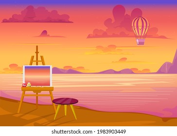 Pink sunset over ocean flat vector illustration. Drawing easel with landscape painting standing on bank. Air-baloon, mountains, clouds in background. Nature, art concept.