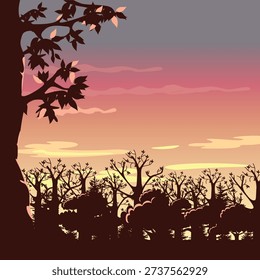 A pink sunset over the trees. Admire the beauty of evening nature. Hand-drawn vector illustration of an incredibly colorful sky.