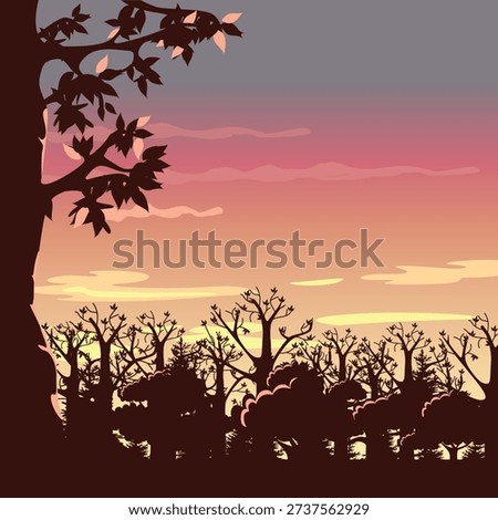 A pink sunset over the trees. Admire the beauty of evening nature. Hand-drawn vector illustration of an incredibly colorful sky.