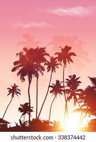Pink sunset palms silhouettes vector poster background