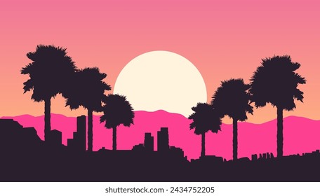 Pink sunset silhouette of palm trees and cityscape