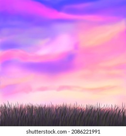 Pink sunset sky with grass. Vector background with clouds eps10