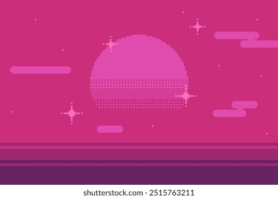 Pink Sunset Sky Horizon with Glitter Lights, Pixel Art Style Background