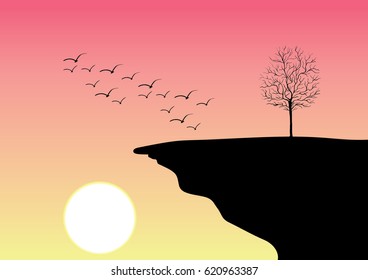 Pink sunset sky over cliff edge with old dry tree vector nature illustration
birds, landscape,sun