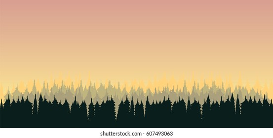 Pink sunset sky over dark forest silhouette
vector nature illustration, landscape