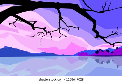 Pink sunset, vector illustration. Landscape with the silhouettes of mountains, hills, rivers and forests. Modern style, bright pink and purple colors.
