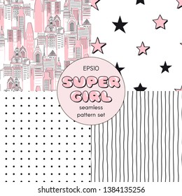 Pink Super girl themed seamless vector pattern set. Pop art comic cityscape background. Abstract dotty and starry geometric backdrop. Vertical stripes print. Perfect for girlish fabric textile fashion