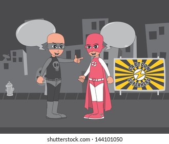 pink super guy versus villain in the city
