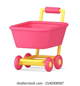 Pink supermarket trolley online shopping adding goods internet interface 3d icon isometric vector illustration. Market pushcart comfortable transportation purchase buying retail business