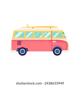 Pink Surf Van Isolated. Vector Illustration of Flat Car for Trip Object over White Background. 