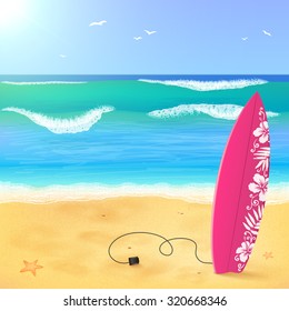 Pink Surfing Board On The Beach With Waves, Vector Illustration