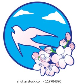 Pink Swallow in a blue sky and the blossom on a  background