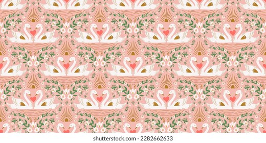 Pink swan bird pattern. Birds in love. Cute swan couple, flowers, heart love seamless background for romantic Valentines day, wedding design, floral textile. Vector illustration. Damask repeat print