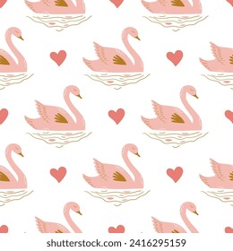 Cisne rosa y patrón sin fisuras del corazón para la celebración del día de San Valentín, boda. Fondo de repetición vectorial romántico, papel pintado precioso diseño textil, papel de envolvimiento, tela ilustración de aves dibujadas a mano