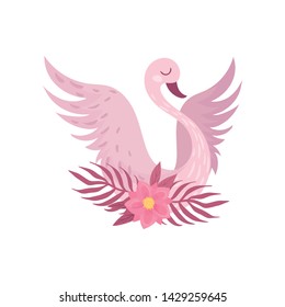 Pink swan on the composition of leaves and flower. Vector illustration on white background.