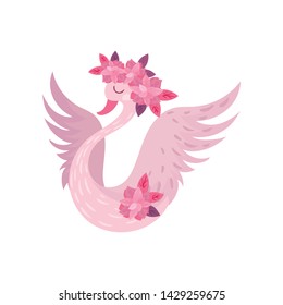 Pink swan with spread wings. Vector illustration on white background.