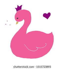 pink swan in violet crown on a white background. Ready illustrations for cards, posters, stickers, souvenirs, notebooks, calendars, invitations, design.
Hand-drawn. Cartoon style. Vector