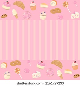 Diseño de fondo de panadería rosa y dulce con postre, pastelería y dulces.