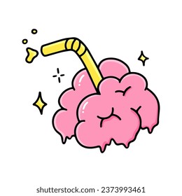 Pink sweet brain on a white background. Drink brain juice through a straw. Cute zombie. A witchcraft magic symbol. A graphic element of Halloween. Vector illustration of alchemy, black magic.