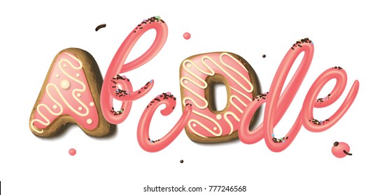 Pink sweet cream and donut 3d letters A, b, c, D, d, e isolated on white background. Dessert lettering.