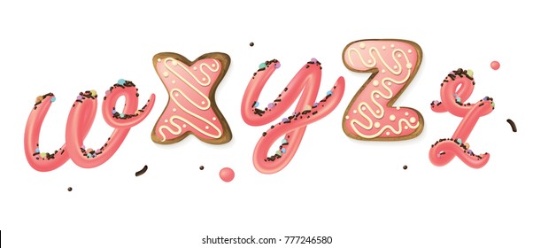 Pink sweet cream and donut 3d letters w, X, y, Z, z isolated on white background. Dessert lettering. 