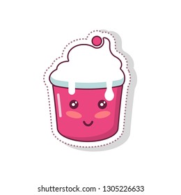 Pink sweet cute cupcake Vector Illustration Cartoon Kawaii Character Icon for banner, sticker, menu, postcard, poster, card, print, t shirt