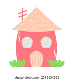 Pink sweet home with grass. Cute cartoon dollhouse. Hand drawn vector illustration isolated on white background.