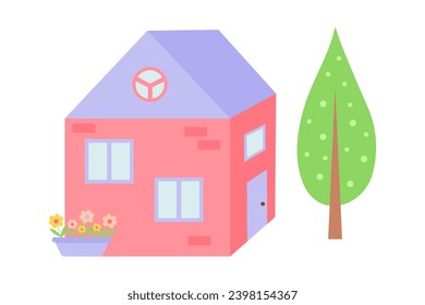 Pink sweet home with tree and flowers in a pot. Cute cartoon dollhouse. Hand drawn vector illustration isolated on white background.