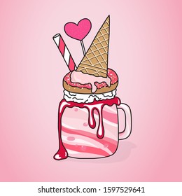 Pink sweet milkshake with donut and ice cream on top