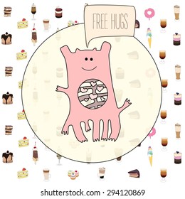 Pink sweet monster with cakes background