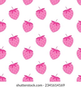 Fresa dulce rosada sin costuras bayas de patrón vectorial cartoon ilustración plana sobre fondo blanco. Patrón rosa de fruta